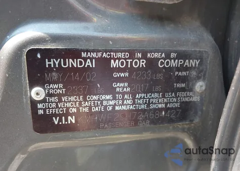 2002 Hyundai Sonata Gls z USA, uszkodzony, nr VIN KMHWF25H72A684427